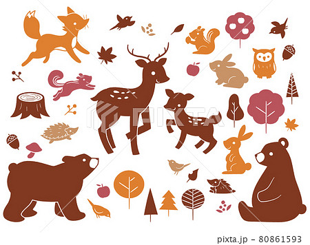 かわいい秋の森の動物シルエットセットのイラスト素材