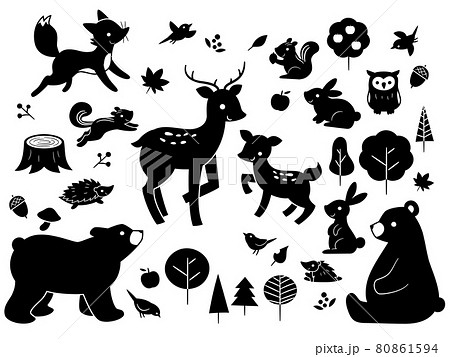 かわいい秋の森の動物シルエットセット 白黒 のイラスト素材