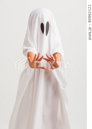 little cute child with white dressed costume halloween ghost scary little cute child with white dressed costume halloween ghost scary 80862121