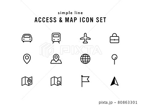アクセスやマップに関連するアイコンセット イラスト 地図 位置情報 ナビ 交通機関 目的地 ピンのイラスト素材