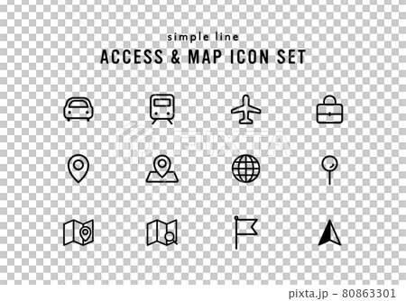 アクセスやマップに関連するアイコンセット　イラスト　地図　位置情報　ナビ　交通機関　目的地　ピン 80863301