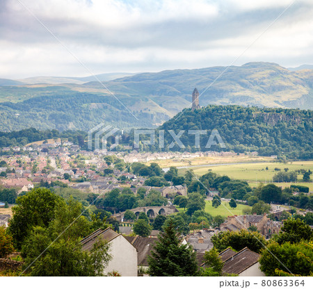 Stirling cityscape with  Wallace Monument in background Scotland UK 80863364