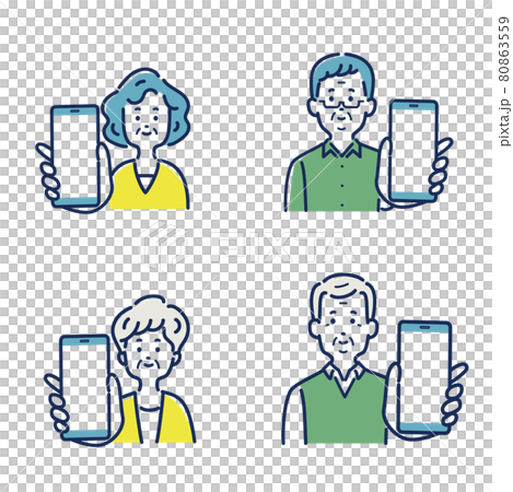 Illustration material set of senior men and women showing smartphones Illustration material set of senior men and women showing smartphones 80863559