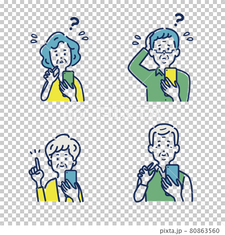 Illustration material set of senior men and women who operate smartphones Illustration material set of senior men and women who operate smartphones 80863560