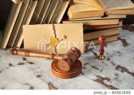 Gavel Notary's public and stamp on testament and last will. Notary public tools 80863686