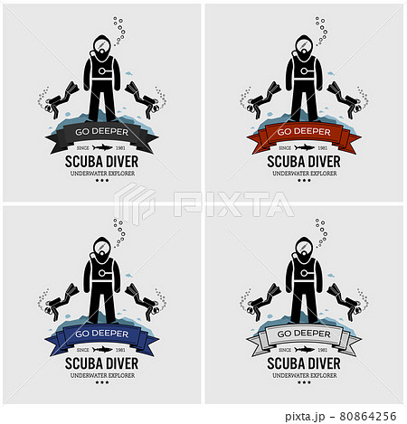 Scuba diving logo design. Vector artwork of scuba diver exploring the underwater, swimming, and posing in an ocean adventure. Scuba diving logo design. Vector artwork of scuba diver exploring the underwater, swimming, and posing in an ocean adventure. 80864256