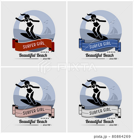 Surfer Girl Surfing Logo Design Vector Artwork のイラスト素材