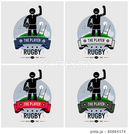Rugby club logo design. Vector artwork of strong rugby player holding a ball posing in front of a field. Rugby club logo design. Vector artwork of strong rugby player holding a ball posing in front of a field. 80864374