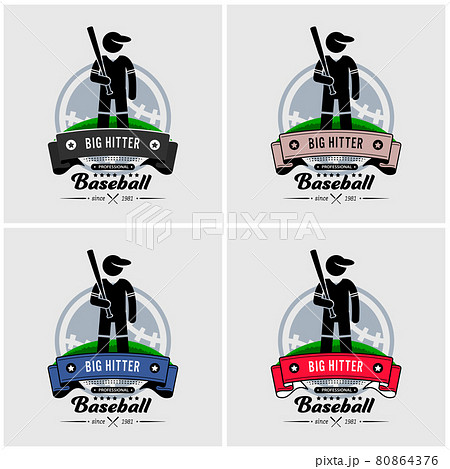Baseball club logo design. Vector artwork of baseball player holding a bat posing in front a field. Baseball club logo design. Vector artwork of baseball player holding a bat posing in front a field. 80864376