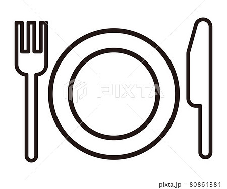 お皿とナイフとフォークのシンプルな線画アイコン 白背景のイラスト素材