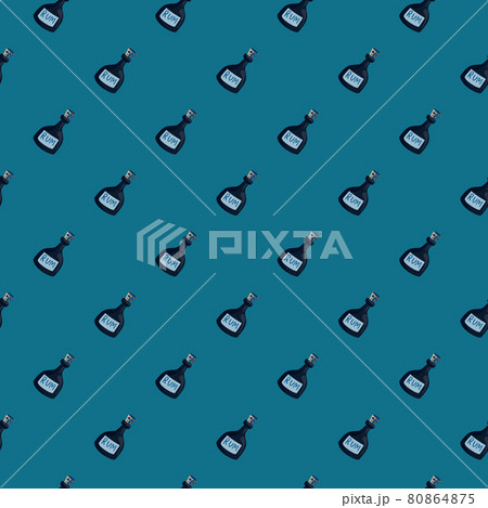 Decorative seamless alcohol pattern with rum bottles shapes. Blue background. Bar menu print. 80864875