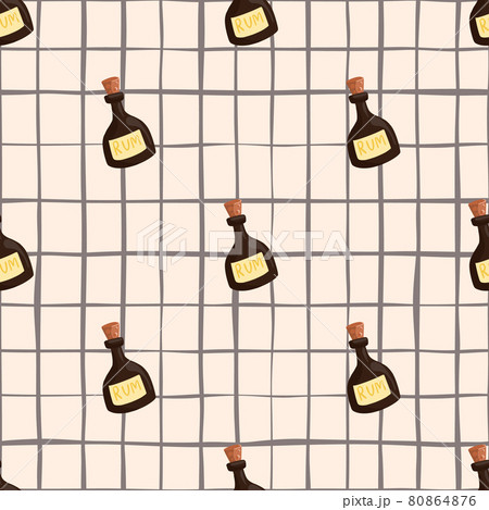 Doodle seamless pattern with decorative rum bottle brown shapes. Pastel pink background with check. 80864876