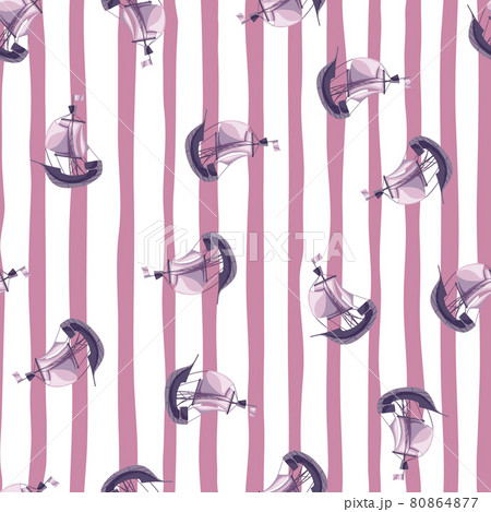 Random abstract seamless water transport pattern with doodle sailbot ship shapes. Pink and white striped background. Random abstract seamless water transport pattern with doodle sailbot ship shapes. Pink and white striped background. 80864877