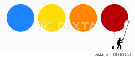 Painter painting four empty circles on wall with different color of blue, yellow, orange, and red. 80865112