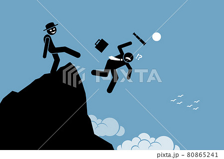 Evil man kicking down his business partner from the top of the hill. 80865241