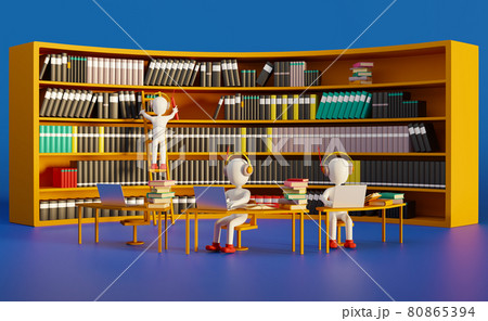 Stick man with book shelves in library ,education and learning concept ,3d illustration or 3d rendering 80865394