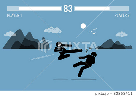 Stick figure fighter characters fighting in a game. Stick figure fighter characters fighting in a game. 80865411