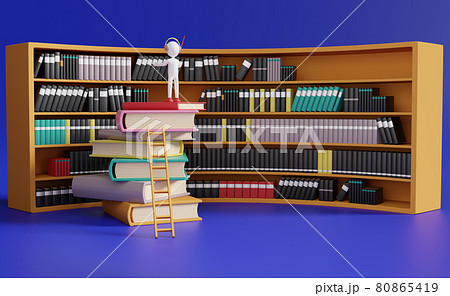Stick man with book shelves in library ,education and learning concept ,3d illustration or 3d rendering 80865419