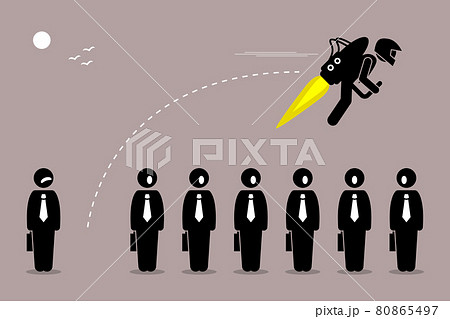 Businessman flying away with a jetpack from his colleague. Businessman flying away with a jetpack from his colleague. 80865497