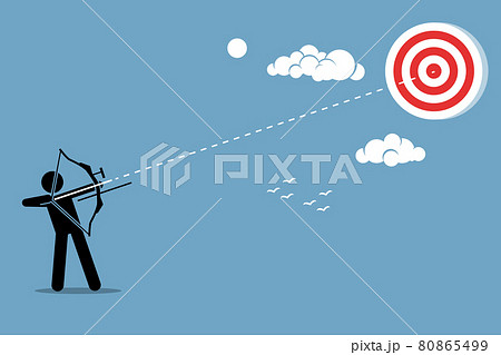 Person using a bow to aim and shoot an arrow to a target in the sky. 80865499