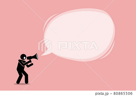 Person talking and shouting using a megaphone to promote, call, and tell an important announcement in a big promotional bubble speech message. Vector depict marketing, promotion, and advertisement. 80865506
