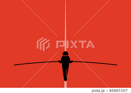 Tightrope walker walking and balancing on the wire with a long pole. He is taking risk and challenging himself doing the stunt. Simple vector background with copy space. 80865507