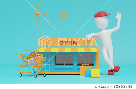 Stick man and store front with gift box and shopping cart in blue composition ,franchise business concept ,3d illustration or 3d rendering 80865542