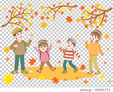 紅葉狩りをする家族のイラストのイラスト素材