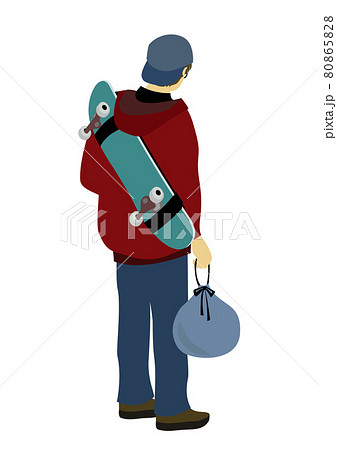 スケートボードを背負ってヘルメットの入った袋を持った男性の後ろ姿のイラスト 80865828