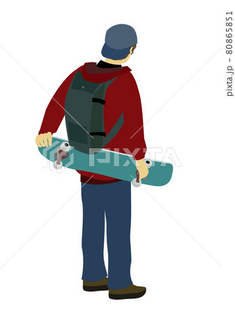 スケートボードを背面で両手持ちしている男性の後ろ姿のイラスト 80865851