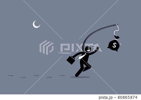 Oblivious man chasing a bag of money. Oblivious man chasing a bag of money. 80865874