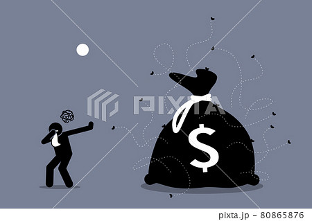 Man closing his nose and rejecting dirty and stinking money that is surrounded by flies. Man closing his nose and rejecting dirty and stinking money that is surrounded by flies. 80865876