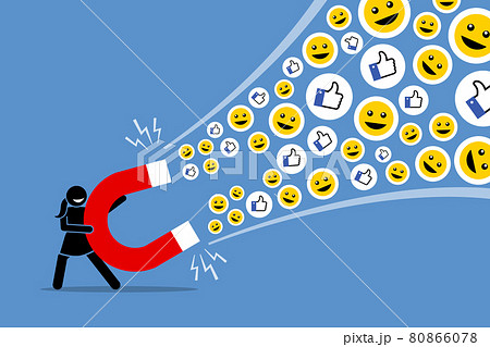 Woman using a big magnet to attract social media likes thumb up, and smiles. Vector artwork illustration depicts the concept of social media attraction, likes, hype, viral and the Internet technology. 80866078