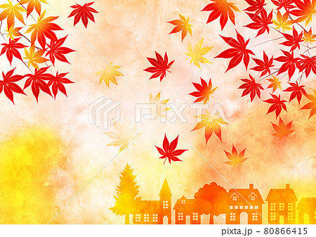 紅葉と街の風景ヨコ 80866415
