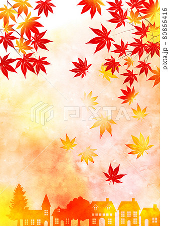 紅葉と街の風景タテのイラスト素材