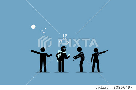 Traveler try to find a location with a compass and people are misleading him with different destinations. Vector illustrations concept of confusions, mislead, complications, ambiguity, and inaccuracy. 80866497