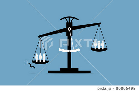 Scale of justice with a person trying to influence the result. Vector illustration concept of unfair advantage, cheating, deception, justice corruption, conspire, and law manipulation. 80866498