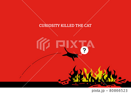 Curiosity kills the cat. Vector artwork showing a cat jump into a fire and killing itself because it is curious and want to know what fire is. 80866523