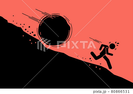 Big rock or boulder rolling down on a man from steep mountain hill slope. Vector concept artwork of danger, risk, problem, and crisis. Big rock or boulder rolling down on a man from steep mountain hill slope. Vector concept artwork of danger, risk, problem, and crisis. 80866531