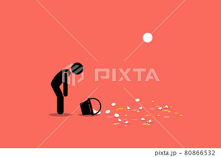 Don't put all your eggs in one basket. Vector artwork showing a man accidentally dropping his basket of eggs on the floor and breaking them. Concept of fail investment, mistake, and financial lost. 80866532