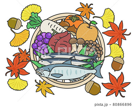 ザルに乗せた秋の食材のイラストセット ザルに乗せた秋の食材のイラストセット 80866896