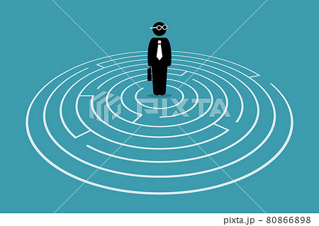 Businessman standing in the center of a maze. Vector artwork concept depicts challenge, finding the way out, escape, hurdles, solving issue, and solution for problem. 80866898
