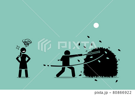 Stop beating around the bushes. Vector artwork of a man using a stick to beat around the bushes while the woman gets annoyed by him for failing to be straight forward of what he actually wanted. Stop beating around the bushes. Vector artwork of a man using a stick to beat around the bushes while the woman gets annoyed by him for failing to be straight forward of what he actually wanted. 80866922