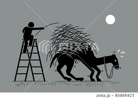 The last straw that breaks the camel back. Vector artwork depicts a man putting one a straw to an already overburdened camel back. Concept depicts overworked, pressure, and final tolerable event. 80866925