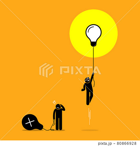 Two person created different ideas but only one is having success, while the other fails. Vector artwork shows the concept of idea success and failure. 80866928
