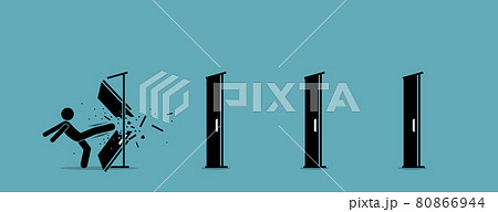 Man kicking down and destroying door one by one. 80866944