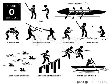 Sport games alphabet O vector icons pictogram. Oina, ocean rowing, oil wrestling, okinawan kobudo, orienteering, over the line, open water swimming, obstacle course racing, oztag, outrigger canoeing. Sport games alphabet O vector icons pictogram. Oina, ocean rowing, oil wrestling, okinawan kobudo, orienteering, over the line, open water swimming, obstacle course racing, oztag, outrigger canoeing. 80867439