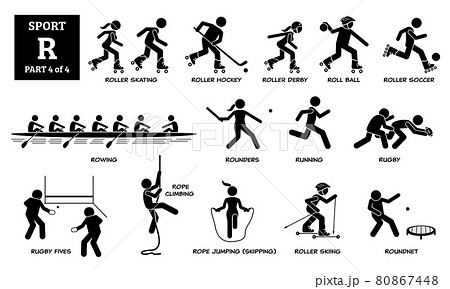 Sport games alphabet R vector icons pictogram. Roller skating, roller hockey, derby, roll ball, soccer, rowing, rounders, running, rugby, rugby fives, rope climbing, skipping, skiing, and roundnet. Sport games alphabet R vector icons pictogram. Roller skating, roller hockey, derby, roll ball, soccer, rowing, rounders, running, rugby, rugby fives, rope climbing, skipping, skiing, and roundnet. 80867448