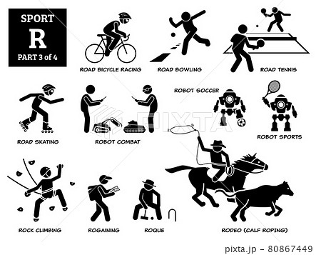 Sport games alphabet R vector icons pictogram. Road bicycle racing, bowling, tennis, skating, robot combat, robot soccer, sport, rock climbing, rogaining, roque, and rodeo calf roping. Sport games alphabet R vector icons pictogram. Road bicycle racing, bowling, tennis, skating, robot combat, robot soccer, sport, rock climbing, rogaining, roque, and rodeo calf roping. 80867449