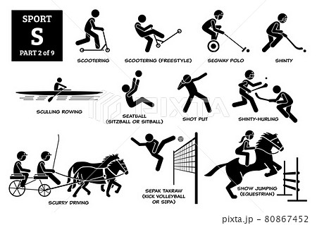 Sport games alphabet S vector icons pictogram. Scootering, scooter freestyle, segway polo, shinty, sculling rowing, seatball, shot put, shinty hurling, scurry driving, sepak takraw, and show jumping. 80867452